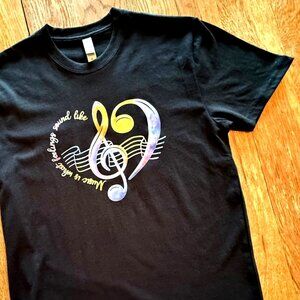 Music Tee Womens Medium Music Is What Feelings Sound Like Heart in Black